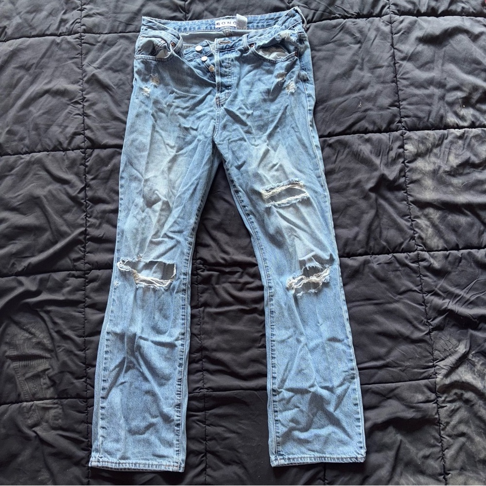Distressed Blue Straight Leg Jeans